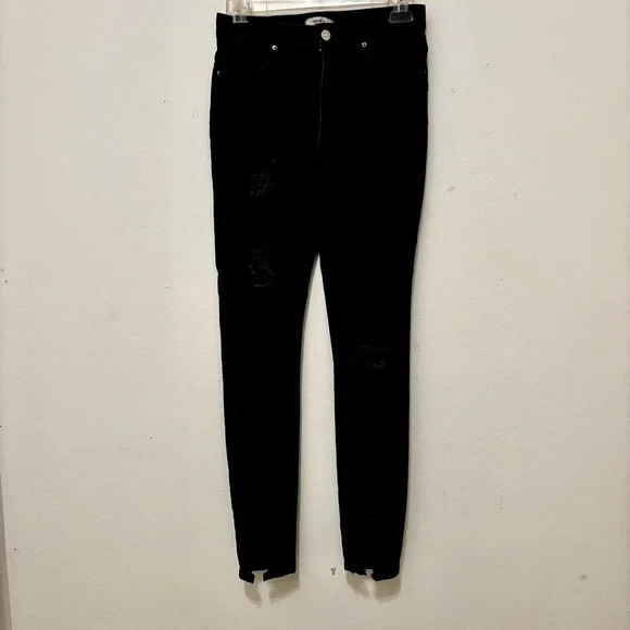 Forever 21 Black Super High Waisted Distressed Skinny Split Hem Denim Jeans - Picture 3 of 8